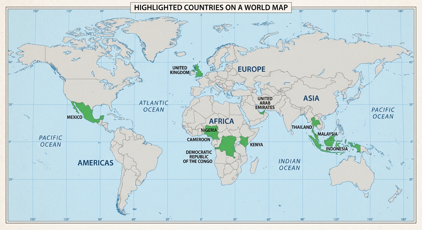 World map highlighting Cameroon, Nigeria, Kenya, the Democratic Republic of the Congo, Mexico, Thailand, Malaysia, Indonesia, the United Arab Emirates and the United Kingdom.