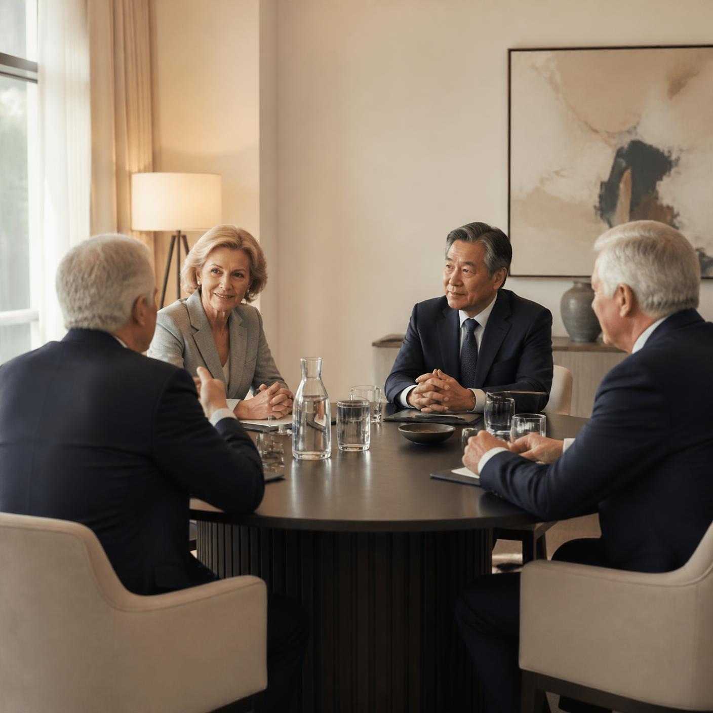 Senior professionals in discussion around a meeting table