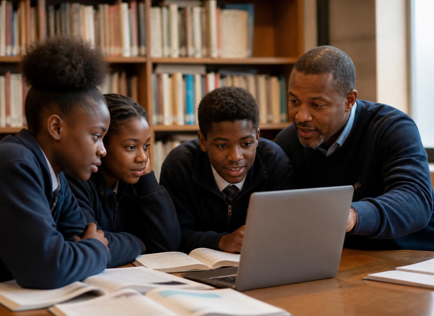 Students and an educator working together during a community digital-learning session.