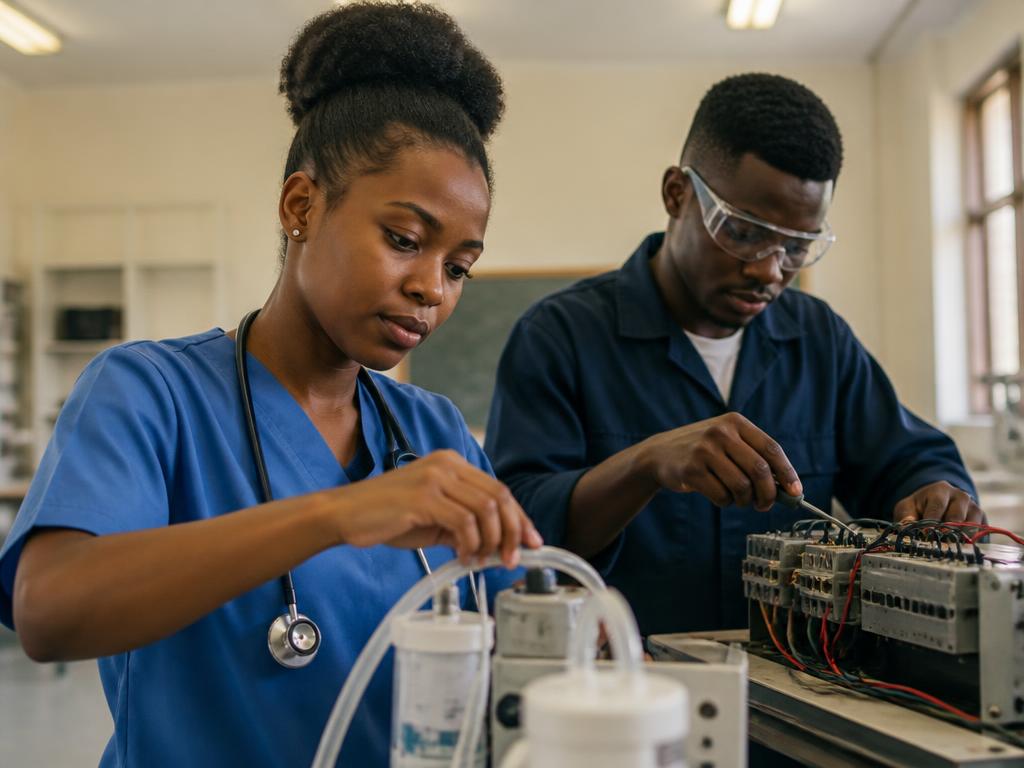 Students developing practical skills in healthcare and technology learning environments.