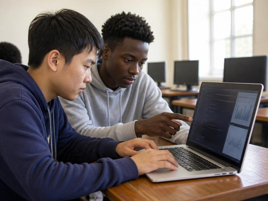 Students and an educator working together during a community digital-learning session.