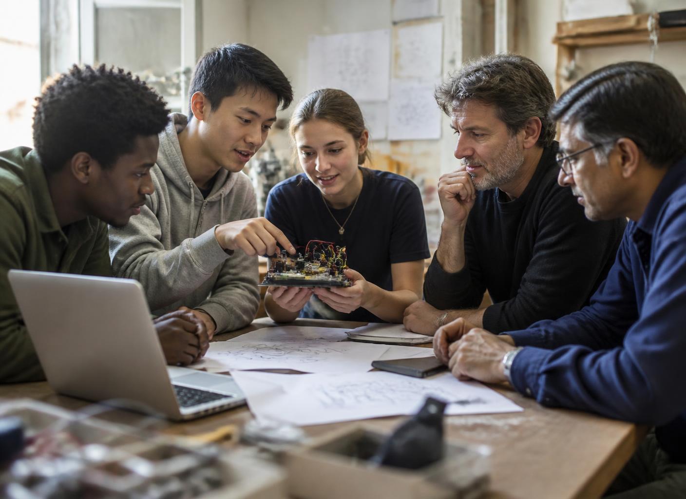 Young innovators demonstrating a prototype during a collaborative mentoring session.