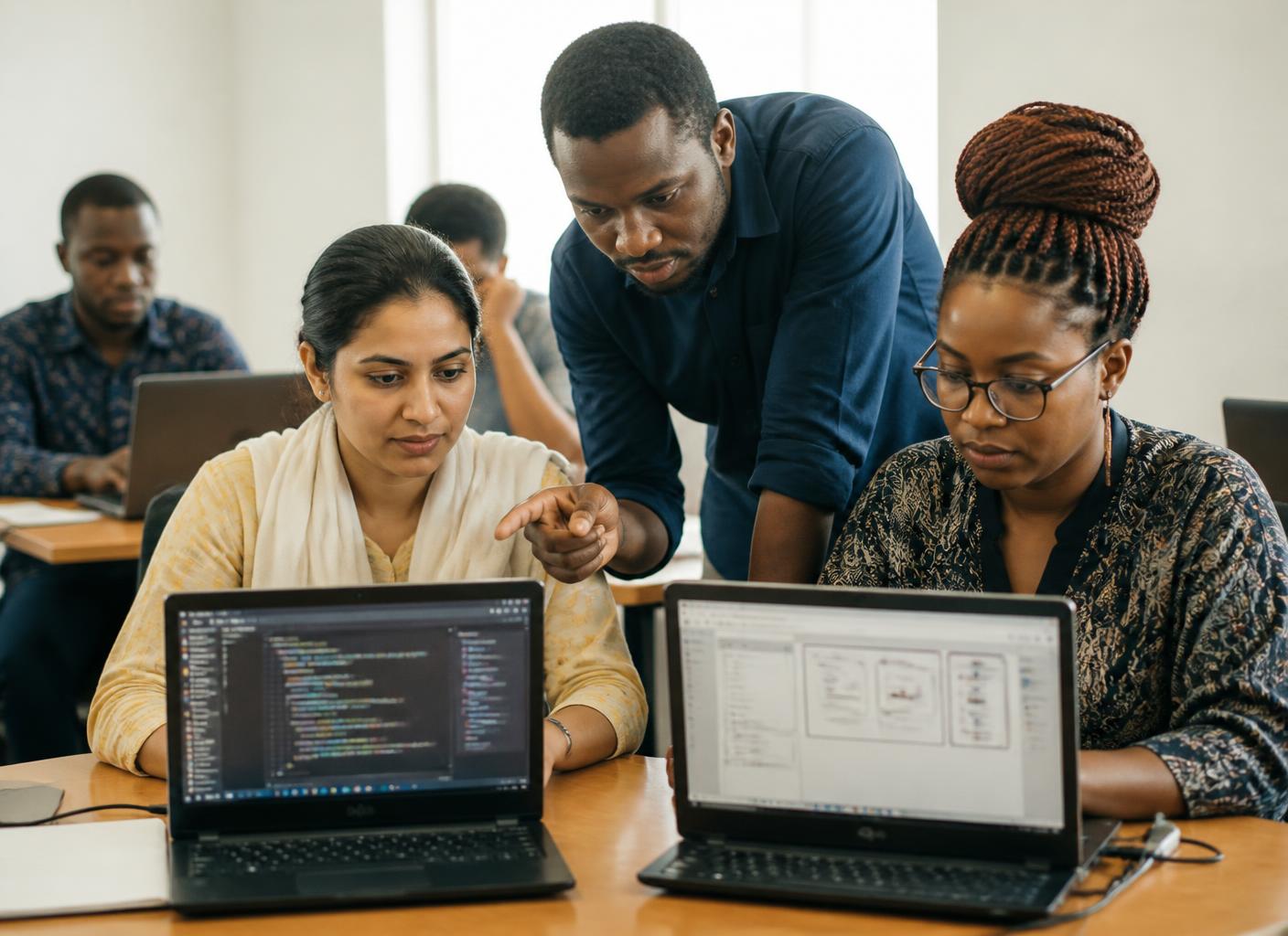 Technology learners receiving practical guidance during an instructor-led training session.
