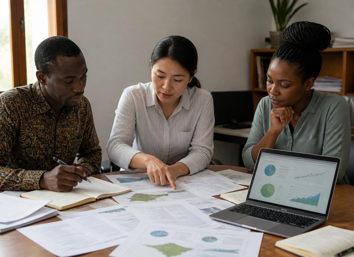 Researchers reviewing policy documents and digital data during a collaborative working session.