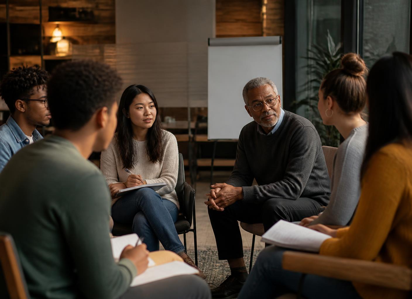 An experienced mentor listening to young adults during a collaborative leadership workshop.