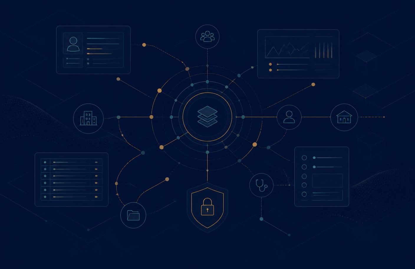 Abstract diagram of connected healthcare systems exchanging secure information between records, reporting and service platforms