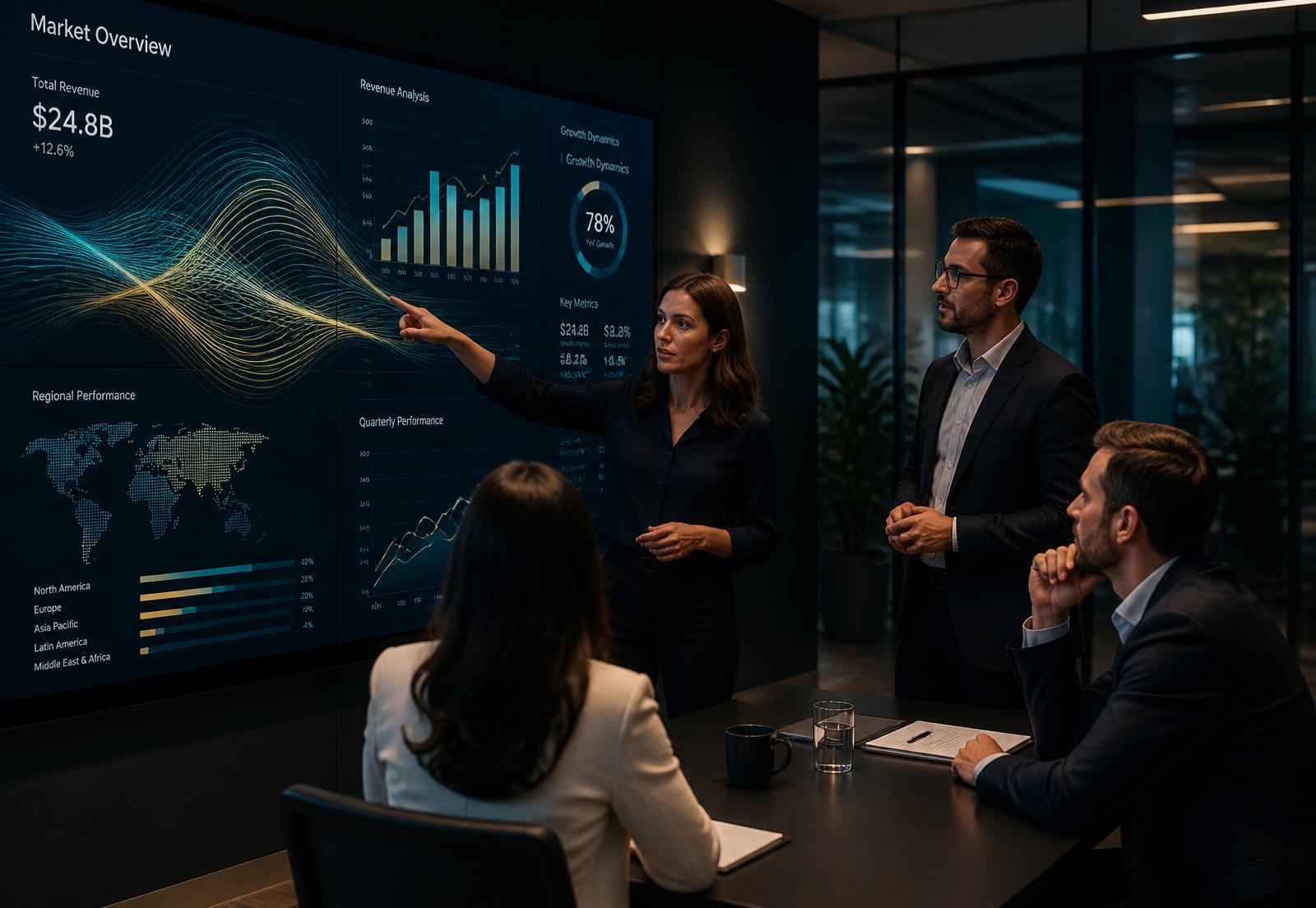 Business leaders reviewing data and analytics on a large screen in a modern meeting room