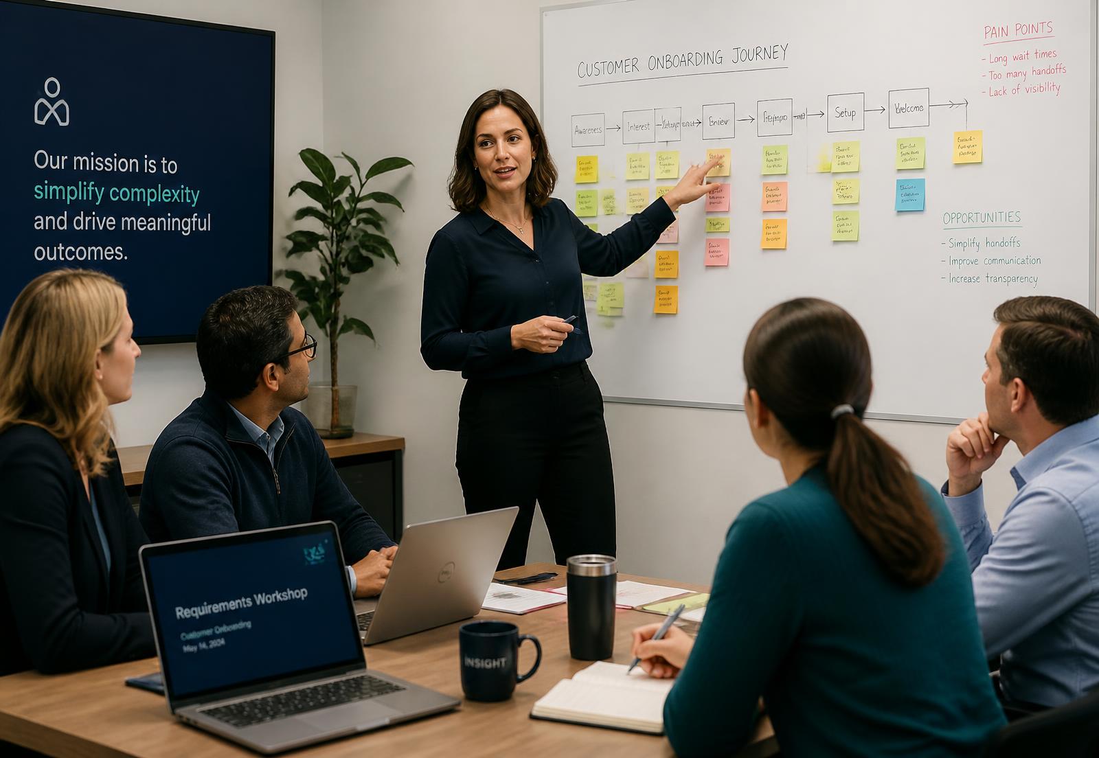 Business analyst leading a requirements workshop with a process map and sticky notes