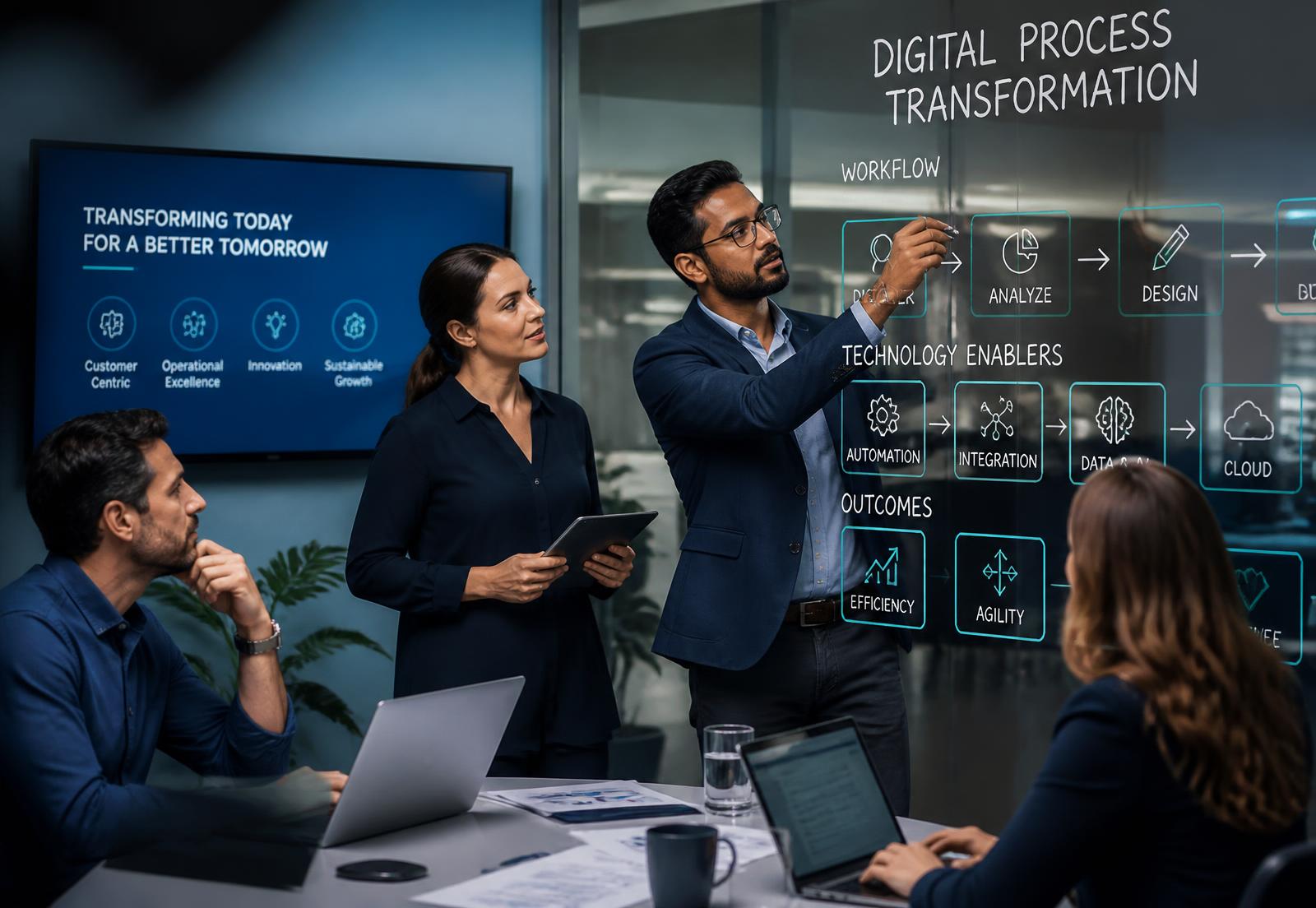 Consultants mapping a digital process transformation on a glass board with colleagues