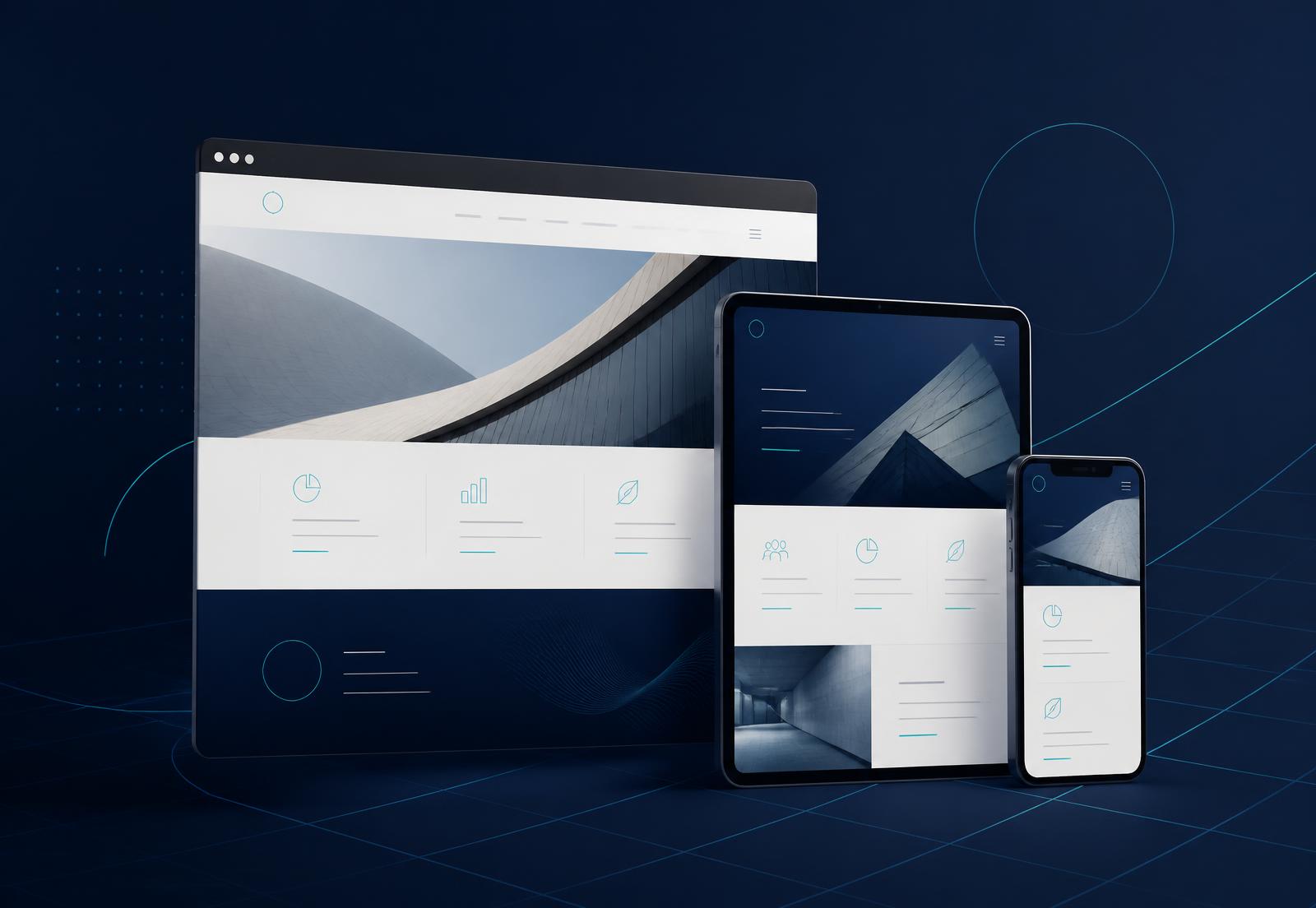 Abstract composition of a website shown on a desktop browser, a tablet and a phone